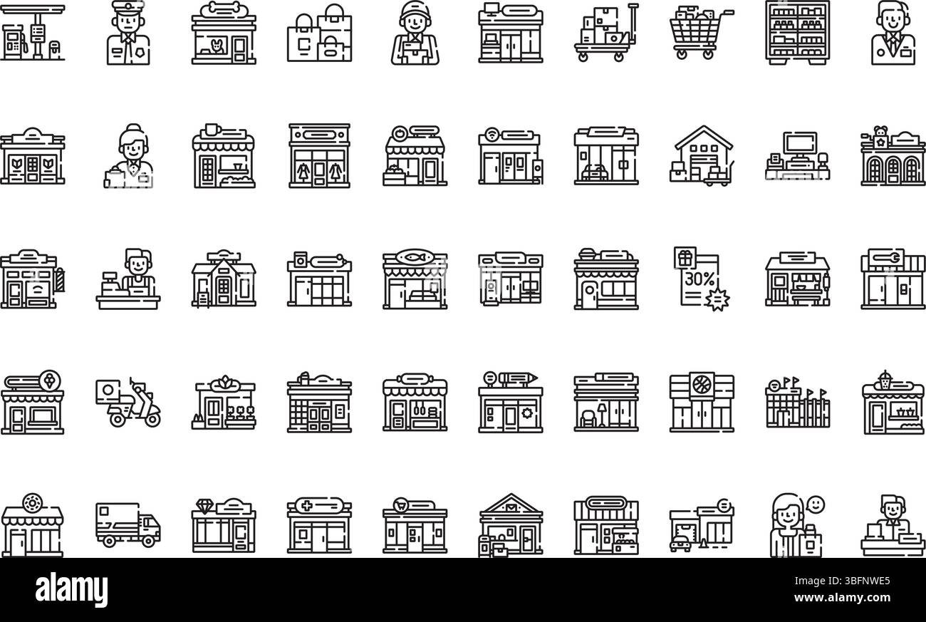 Geschäfte und Geschäfte Symbole Symbole einfaches Vektorsymbol. Illustration Symbol Design Vorlage für Web Mobile UI Element. Stock Vektor