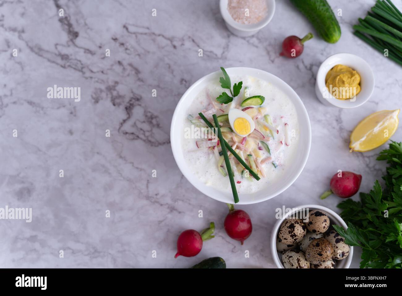 Weiße Schüssel mit gekühlter Okroshka-Suppe, zentriert in einem Aufstrich von Gewürzen und frischem Gemüse. Stockfoto