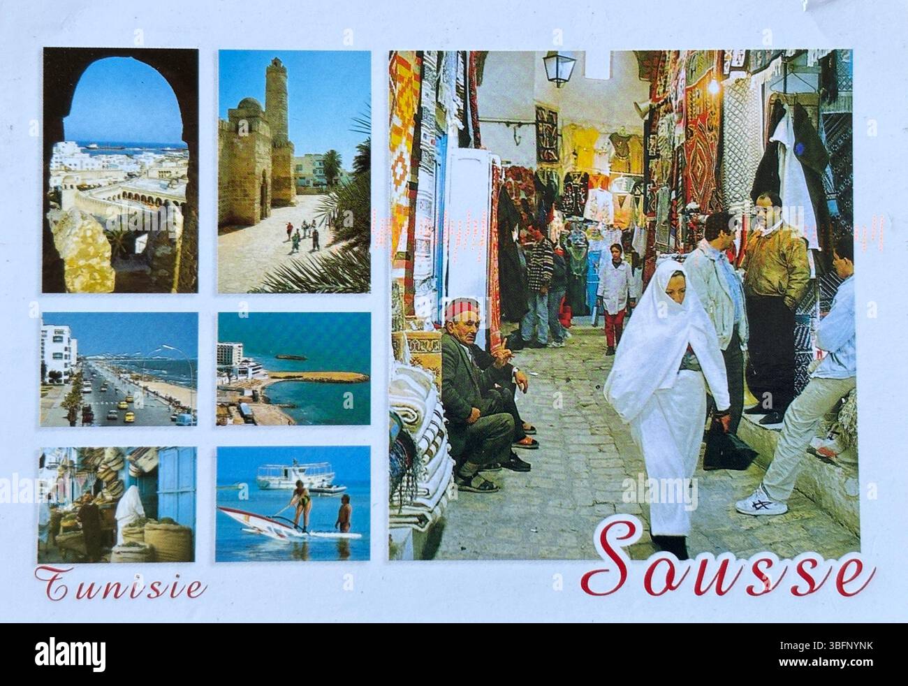 Vintage-farbige Urlaubspostkarte mit klassischen Reisebildern, hellen Tönen und nostalgischem Charme aus einem Urlaubsziel aus der Mitte des 20. Jahrhunderts. Stockfoto