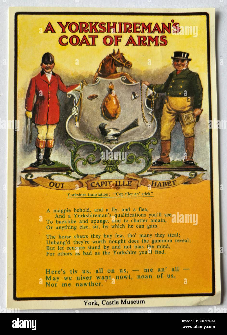 Vintage-Postkarte des Wappens Yorkshire mit heraldischen Symbolen, regionalem Stolz und klassischem britischem Design aus vergangener Zeit. Stockfoto