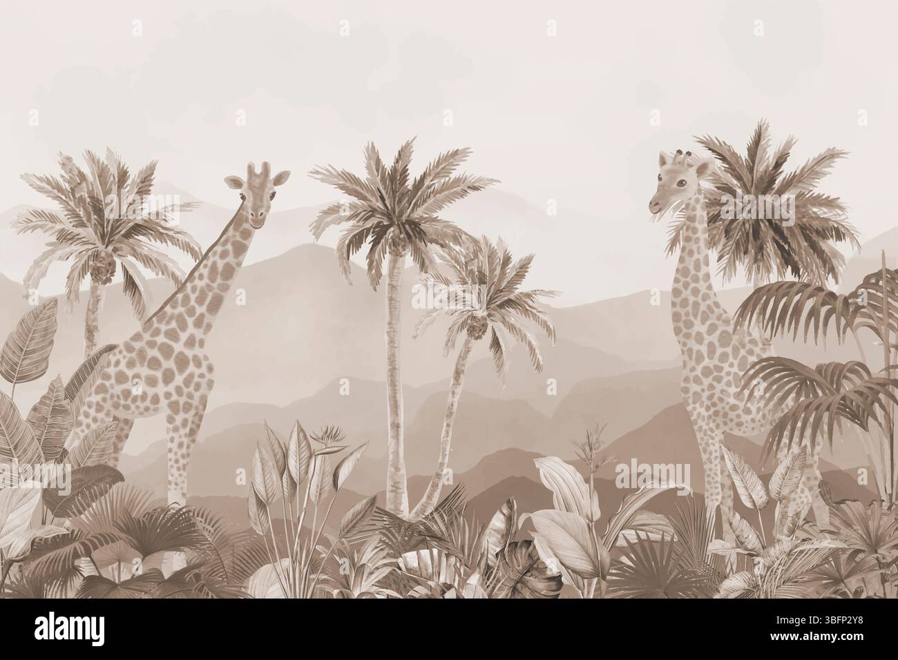 Neutraler tropischer Wald mit Giraffen, weiche Safari Tierlandschaftsillustration - traumhafte Pastel afrikanische Giraffen in der Natur, ruhige Kinderzimmer-Einrichtung Stockfoto