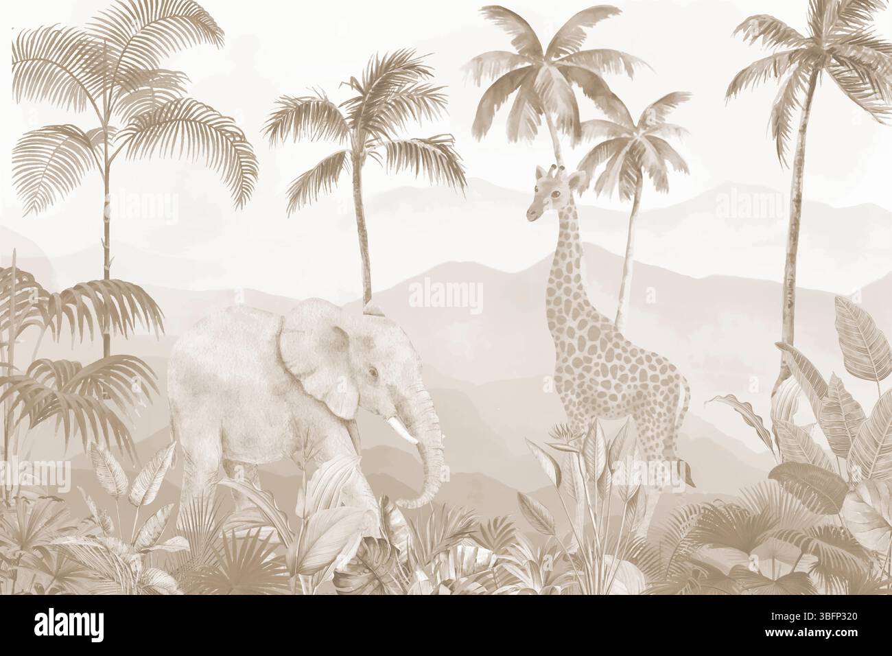 Neutraler tropischer Wald mit Giraffen, Soft Safari Tierlandschaftillustration Stockfoto