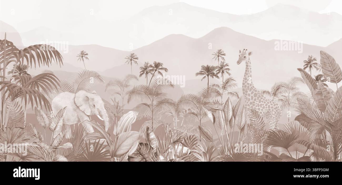 Neutrale tropische Waldlandschaft, weiche Erdpalmen und Berge Illustration Stockfoto