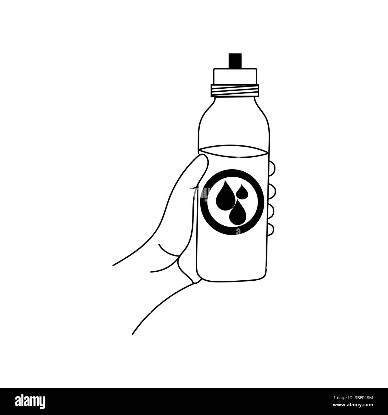 Symbol für Wasserflasche. Symbol für die Handhaltung. Vektor-Hydration-Emblem. Tropfenlogodetail. Stock Vektor