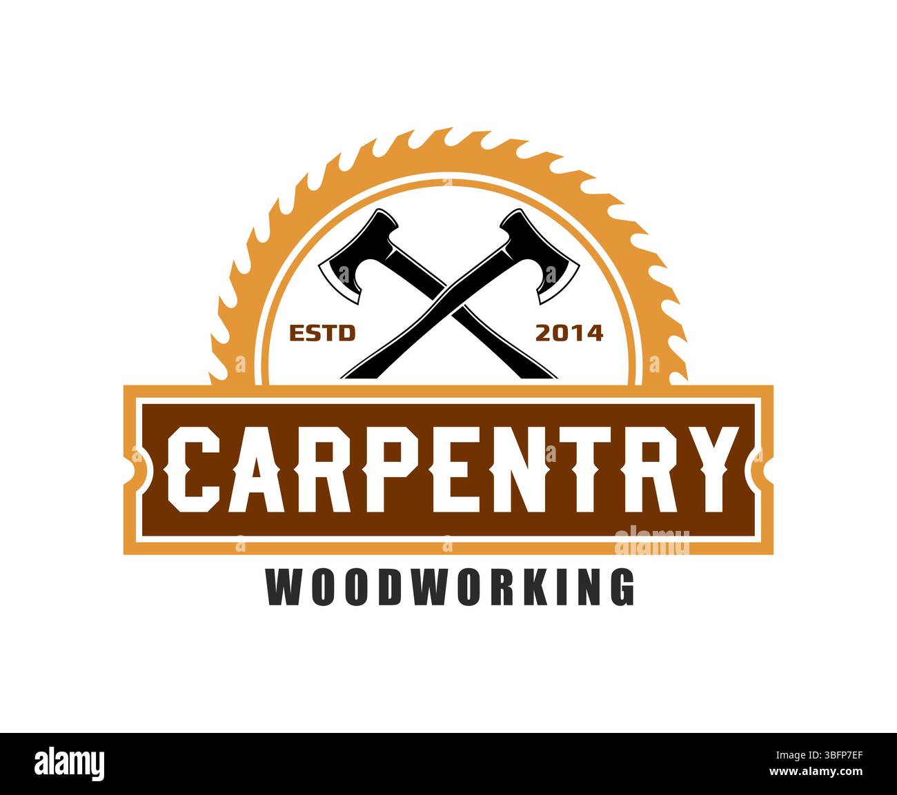 Das Symbol der Tischlerei mit gekreuzten Äxten vor einem Kreissägeblatt unterstreicht die Tradition der Holzbearbeitung, den Service der Sägewerke und die Handwerkskunst in rauen Braun- und Schwarztönen Stock Vektor