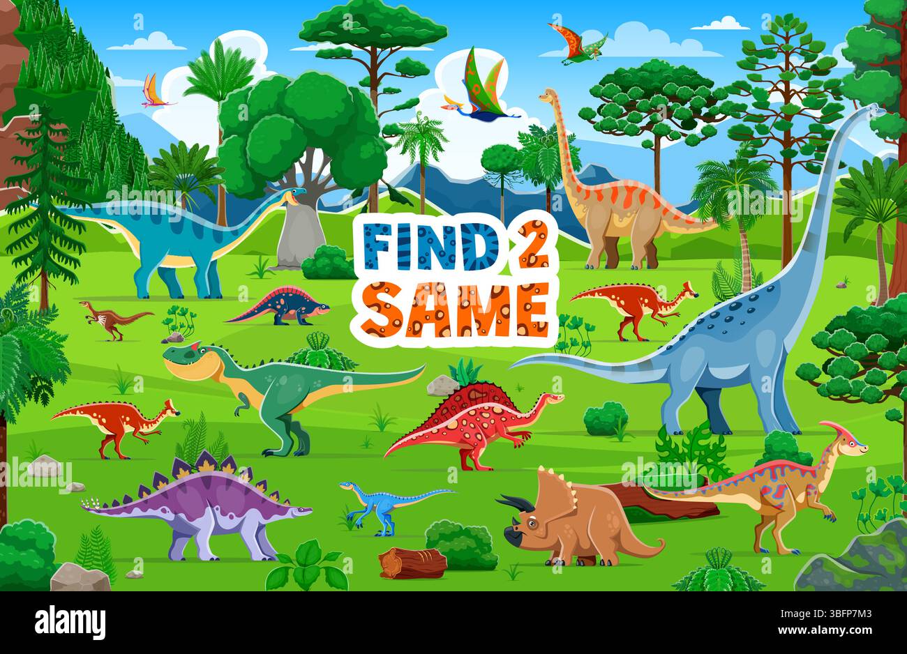 Finden Sie zwei gleiche Dinosaurier-Charaktere, ein Arbeitsblatt für Kinderspiele im prähistorischen Landschaftsvektor-Hintergrund. Jurassic Dinos Puzzle Quiz, Comic Brachiosaurus, triceratops und Pteranodon Dinosaurier Matching Spiel Stock Vektor