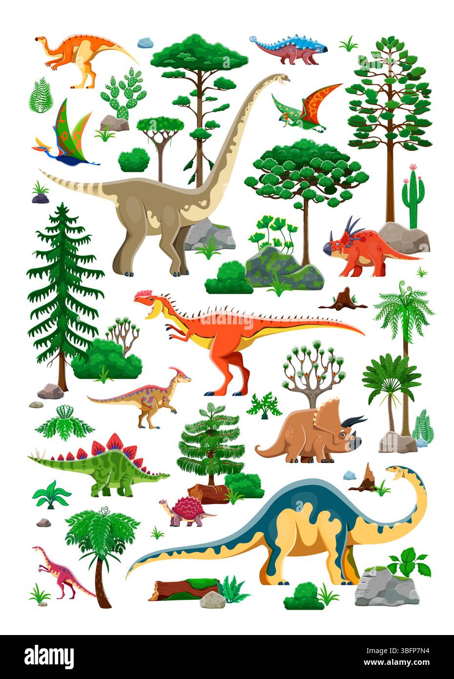 Prähistorische Ära Pflanzen und Dinosaurier Charaktere Landschaft Vektor Hintergrund. Cartoon jurassic Dino Tiere mit Dschungelwäldern und Sukkulenten, lustigen Stegosaurus, triceratops, Tapejara Dinosauriern Stock Vektor