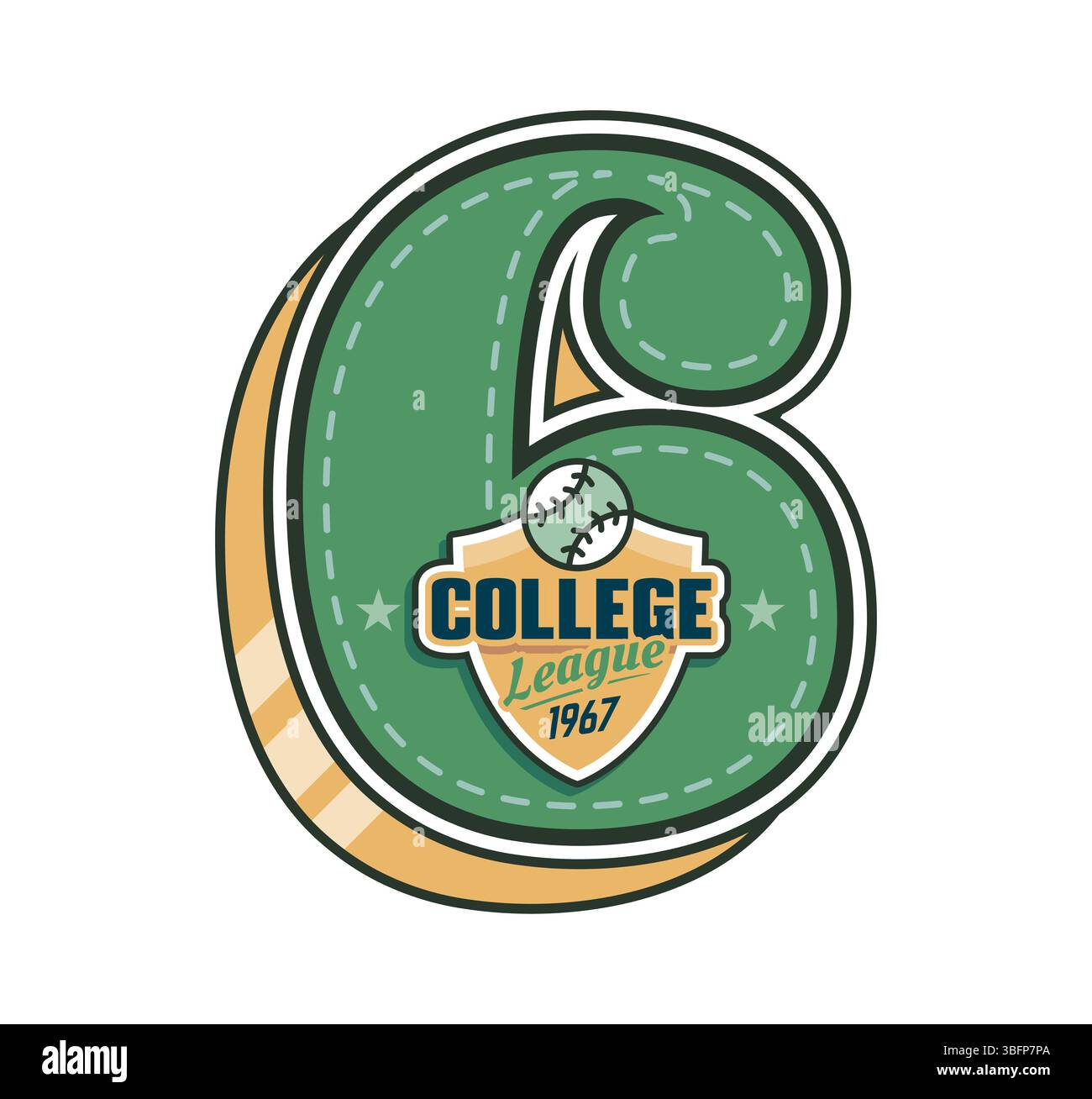 Varsity Sport Patch mit Nummer 6 Schriftart und Baseballball für Universitätsmannschaft, Vektor-Emblem. College League oder Varsity Sport champs Patch mit Nummer 6 für Baseballtrikot oder Meisterschaft Stock Vektor