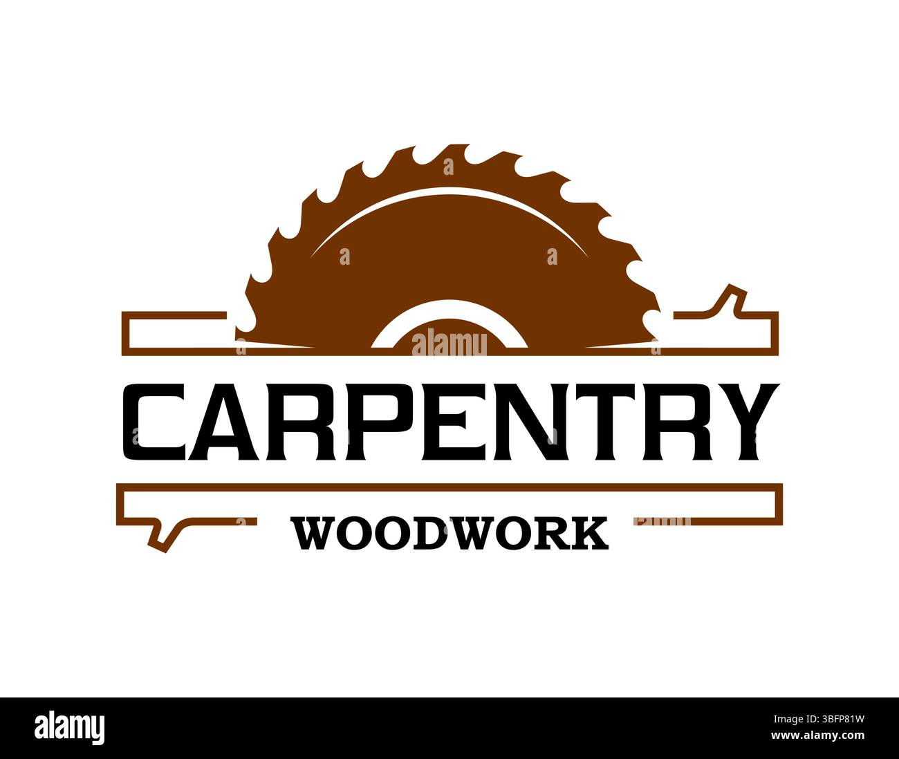 Tischlerei und Holzarbeiten Emblem mit Sägeblatt und Baumholz für Tischlerei Werkstatt, Vektorsymbol. Tischlerei und Handwerker- oder Holzherstellung und -Herstellung Zeichen für Kreissägeblatt Stock Vektor