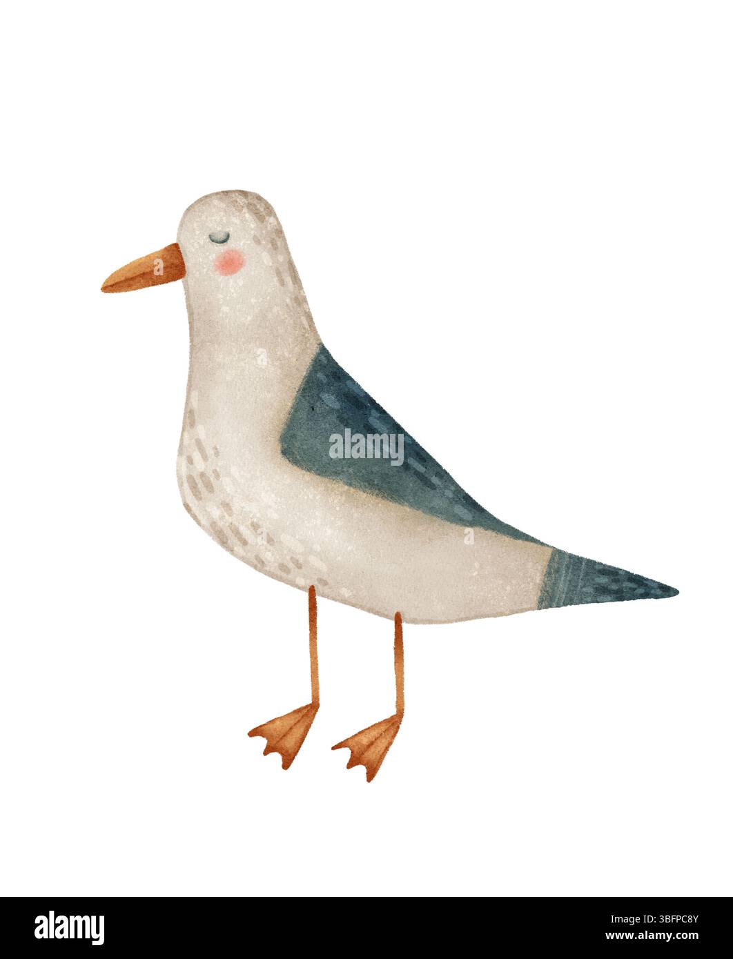 Diese schöne Möwenfigur ist ideal für Küsten-Designs sowie naturinspirierte Konzepte. Handgezeichnetes Objekt auf weißem Hintergrund. Stockfoto