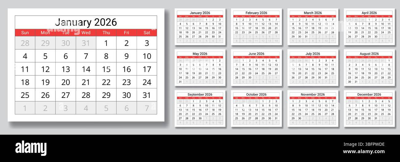 Kalender 2026. Eine Vektorsammlung englischer monatlicher Seitenkalender. Design mit Sonntagsstart Stock Vektor
