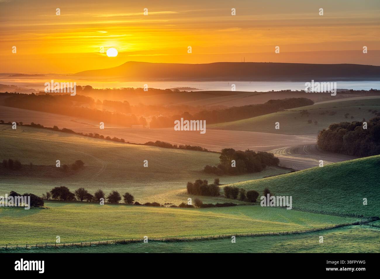 Sonnenaufgang über den South Downs Stockfoto