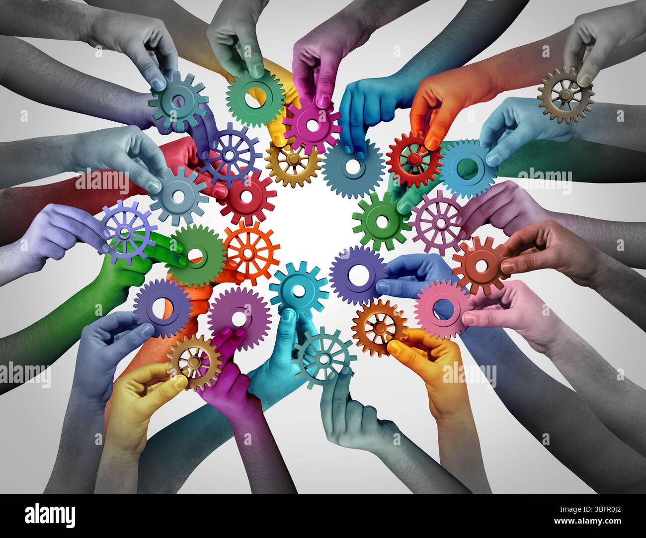 Sich als Team verbinden und einer Organisation beitreten und Teamkonzept oder Idee der Einheit und Teamarbeit als Geschäftsmetapher für so vielfältige Partnerschaften verbinden Stockfoto