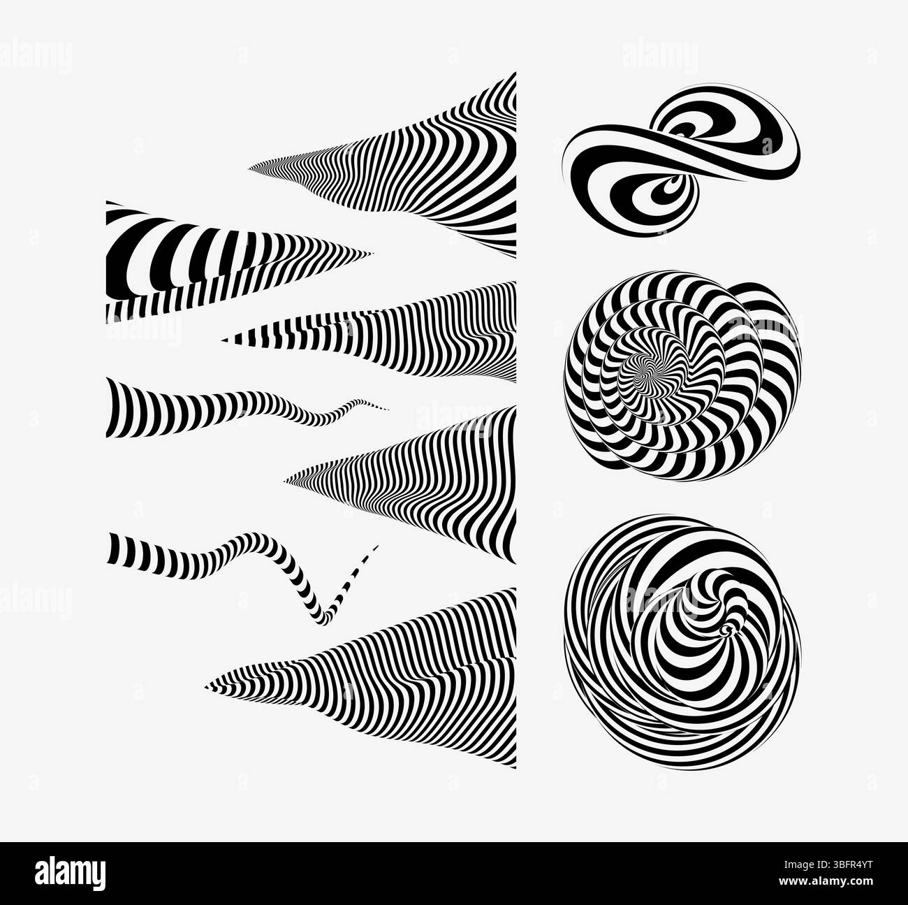 Abstrakte schwarz-weiß gestreifte Elemente oder Embleme. Optische Kunst. Kollektion geometrischer Figuren. 3D-Vektorillustration mit Verzerrungseffekt. Stock Vektor