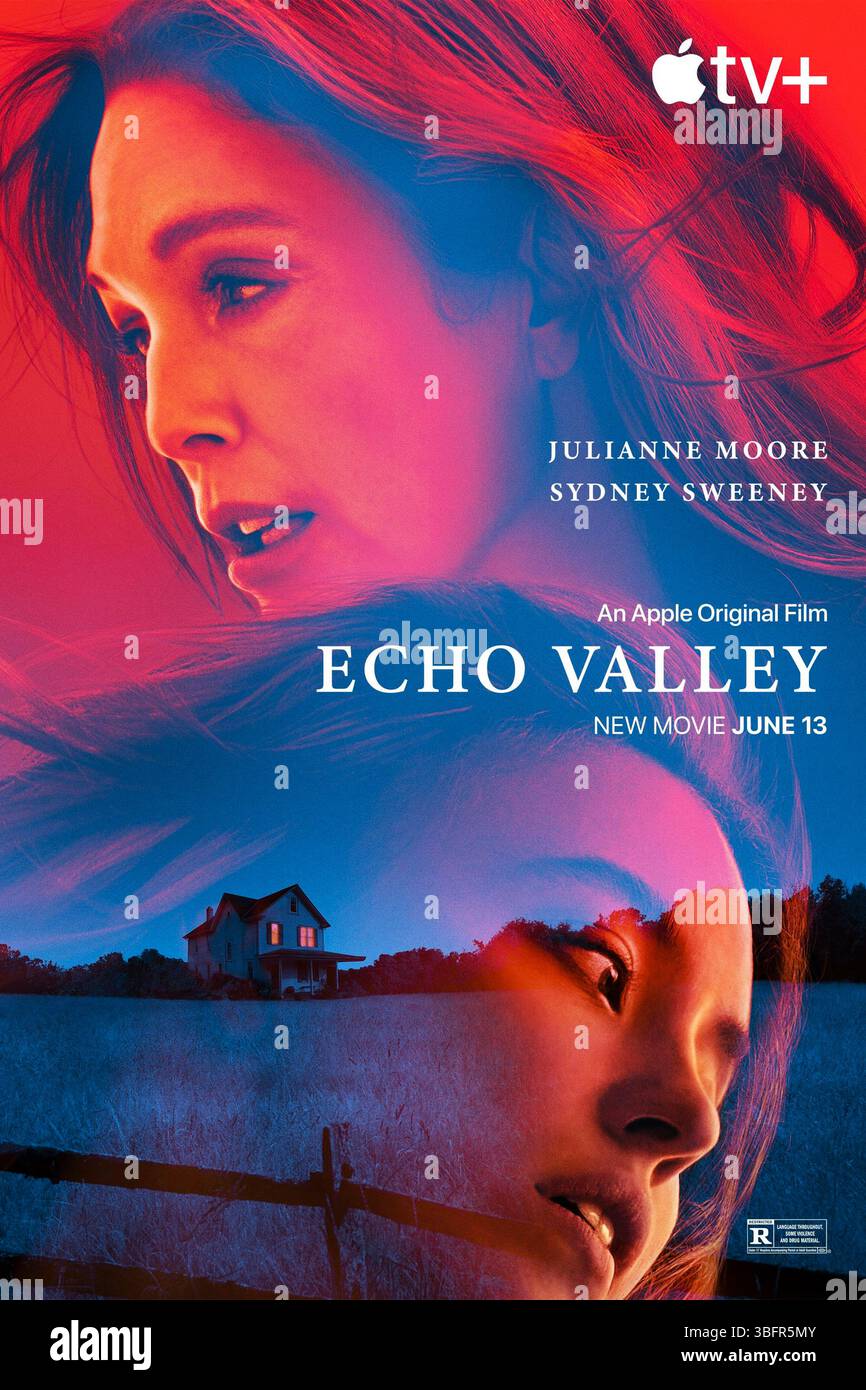 Echo Valley (2025) unter der Regie von Michael Pearce mit Julianne Moore, Sydney Sweeney und Domhnall Gleeson. Kate hat es mit einer persönlichen Tragödie zu tun, während sie Pferde im Echo Valley besitzt und trainiert, einem abgelegenen und malerischen Ort, als ihre Tochter Claire vor ihrer Haustür ankommt, ängstlich, zitternd und mit dem Blut eines anderen bedeckt. NUR FÜR REDAKTIONELLE ZWECKE des Werbeplakats. Kredit: BFA / Apple TV+ Stockfoto