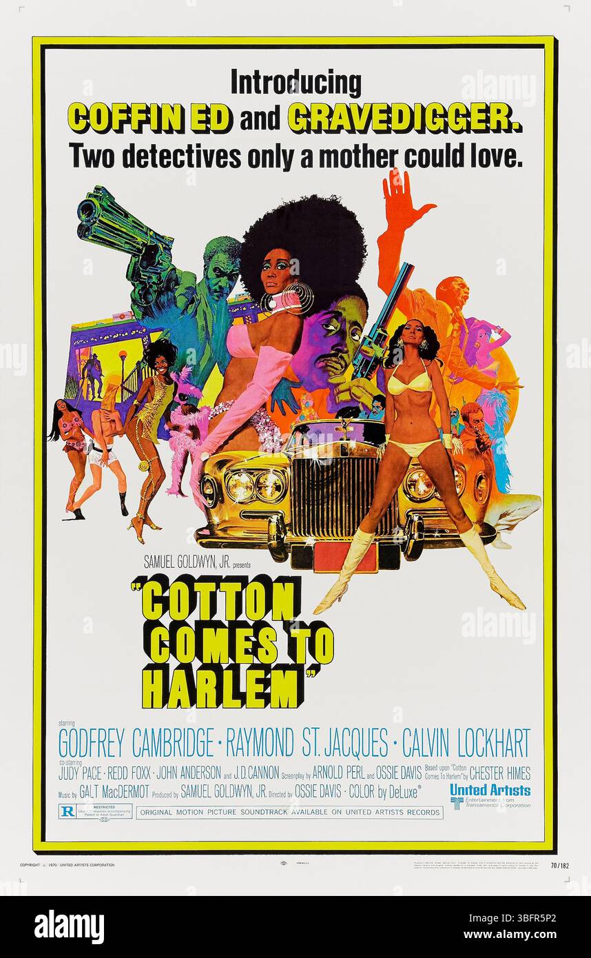 Cotton Comes to Harlem (1970) von Ossie Davis mit Godfrey Cambridge, Raymond St. Jacques und Calvin Lockhart. Zwei Polizisten aus Harlem untersuchen einen Raub, weil sie glauben, dass ein Reverend ihn inszeniert hat, um das Geld zu stehlen, das er für eine lokale Spendenaktion gesammelt hat. Foto eines Original-Posters aus dem Jahr 1970 mit einem Blatt aus den USA mit einem Kunstwerk von Robert McGinnis ***NUR FÜR REDAKTIONELLE VERWENDUNG***. Quelle: BFA / United Artists Stockfoto