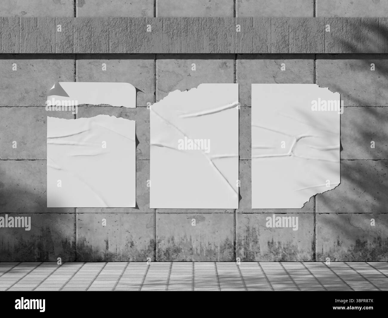 Leeres urbanes gerissenes Postermodell auf 3D-Rendering für Betonwände Stockfoto