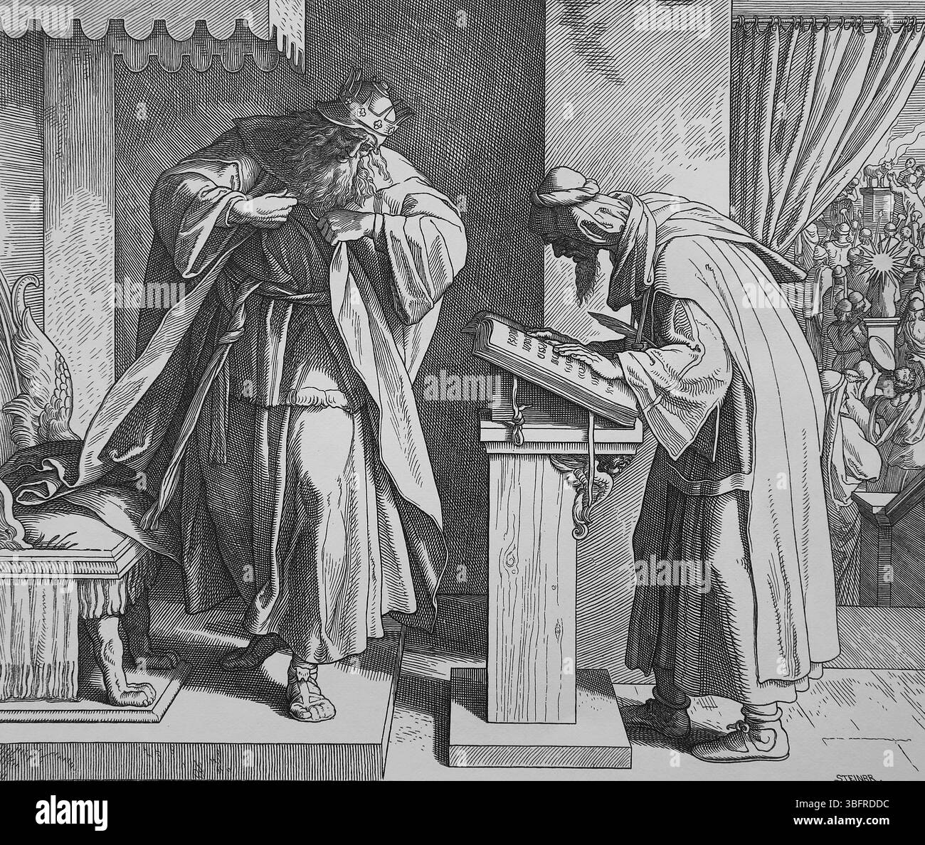 Altes Testament. Josia lernt das Wort des Herrn aus einem Buch des Gesetzes. Das zweite Buch der Könige. Illustration von J. Schnorr von Carolsfeld. „Der Pict Stockfoto