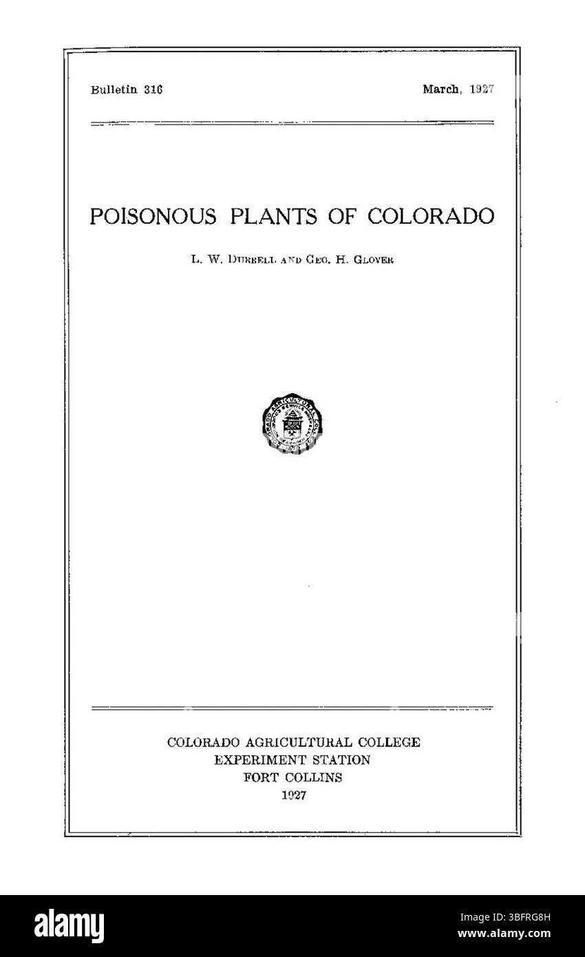 Dieses Dokument aus dem Jahr 1927 behandelt verschiedene giftige Pflanzen, die in Colorado gefunden wurden. Sie enthält Informationen über Pflanzenarten, die für Mensch und Tier giftig sind, wobei der Schwerpunkt auf deren Identifizierung und Gefahren liegt. Stockfoto
