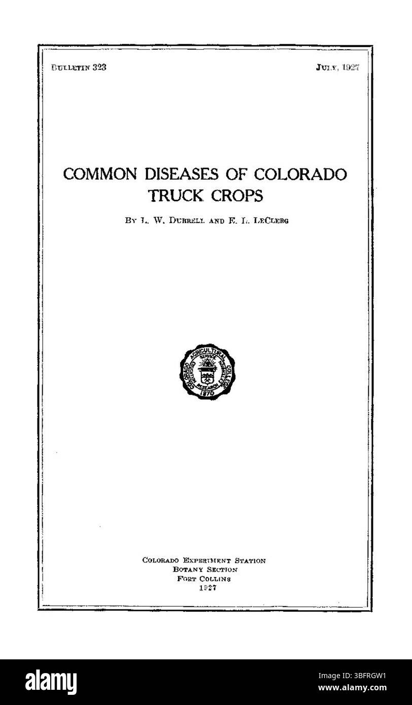 Seite 1 des Berichts 1927 über „häufige Krankheiten von Colorado Truck Crops“ beschreibt die wichtigsten Krankheitsarten, die die Kulturen in der Region betreffen, sowie Methoden zu ihrer Identifizierung und Bekämpfung. Stockfoto
