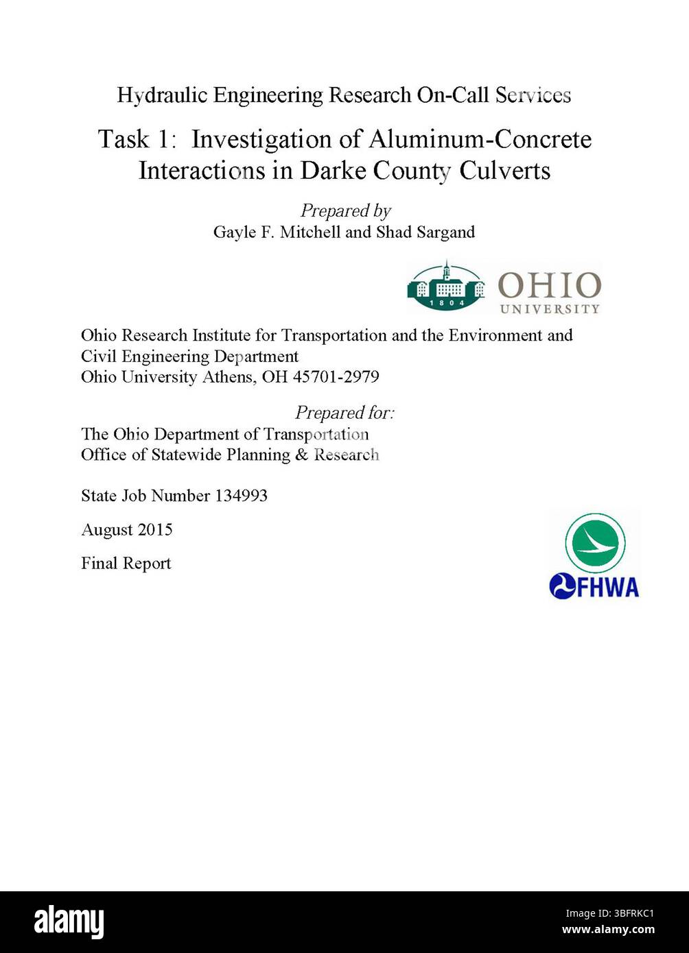 Dieser technische Bericht vom August 2015 untersucht die Wechselwirkungen zwischen Aluminium und Beton in Dükern im Darke County, Ohio, im Rahmen eines vom Ohio Department of Transportation geförderten Forschungsprojekts für Wasserbau. Stockfoto
