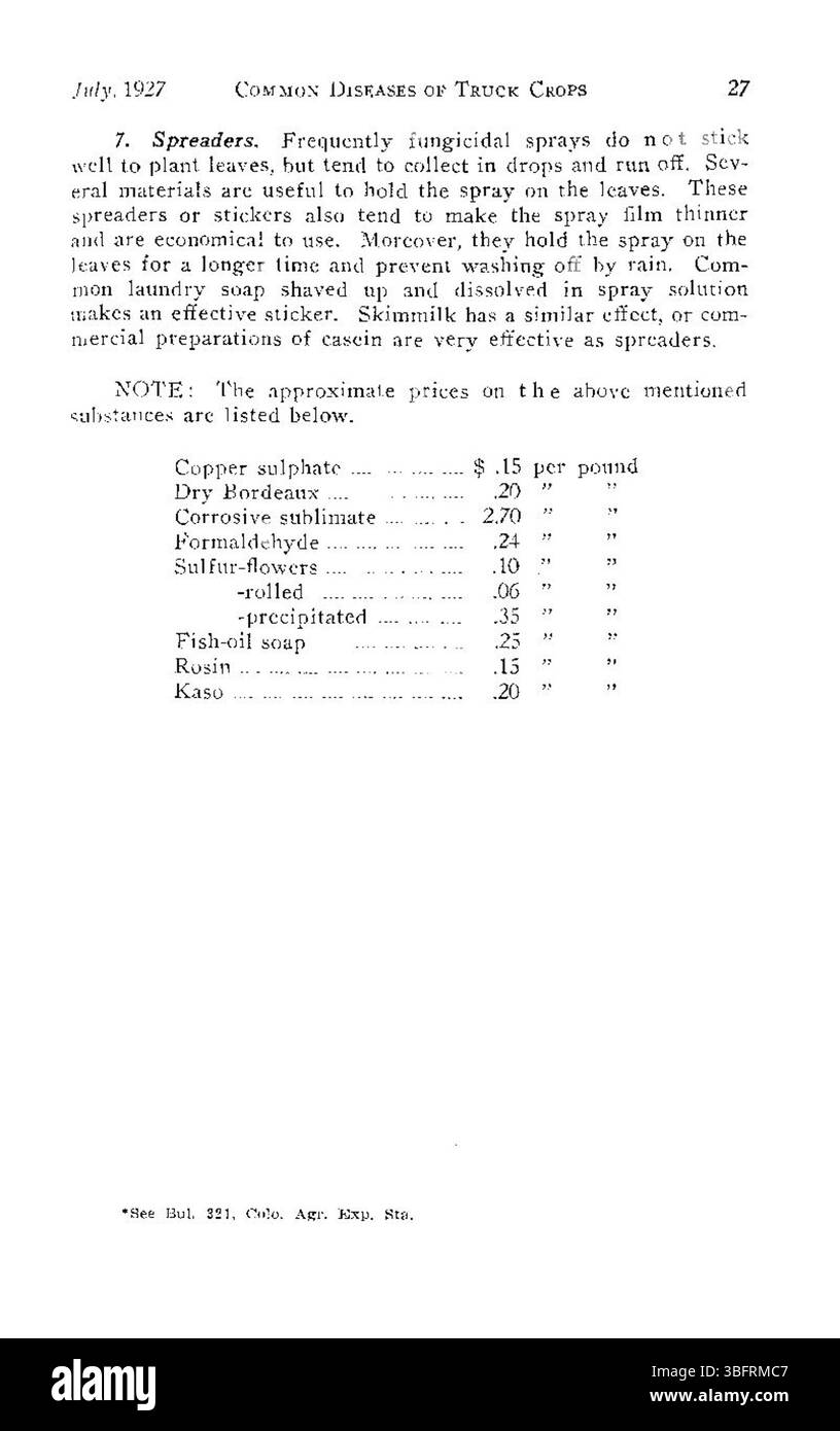 In diesem Abschnitt der Publikation 1927 werden weiterhin allgemeine Krankheiten von Nutzfahrzeugen in Colorado diskutiert, wobei der Schwerpunkt auf effektiven Präventions- und Kontrolltechniken liegt, um die Kulturen vor häufigen Bedrohungen zu schützen. Stockfoto