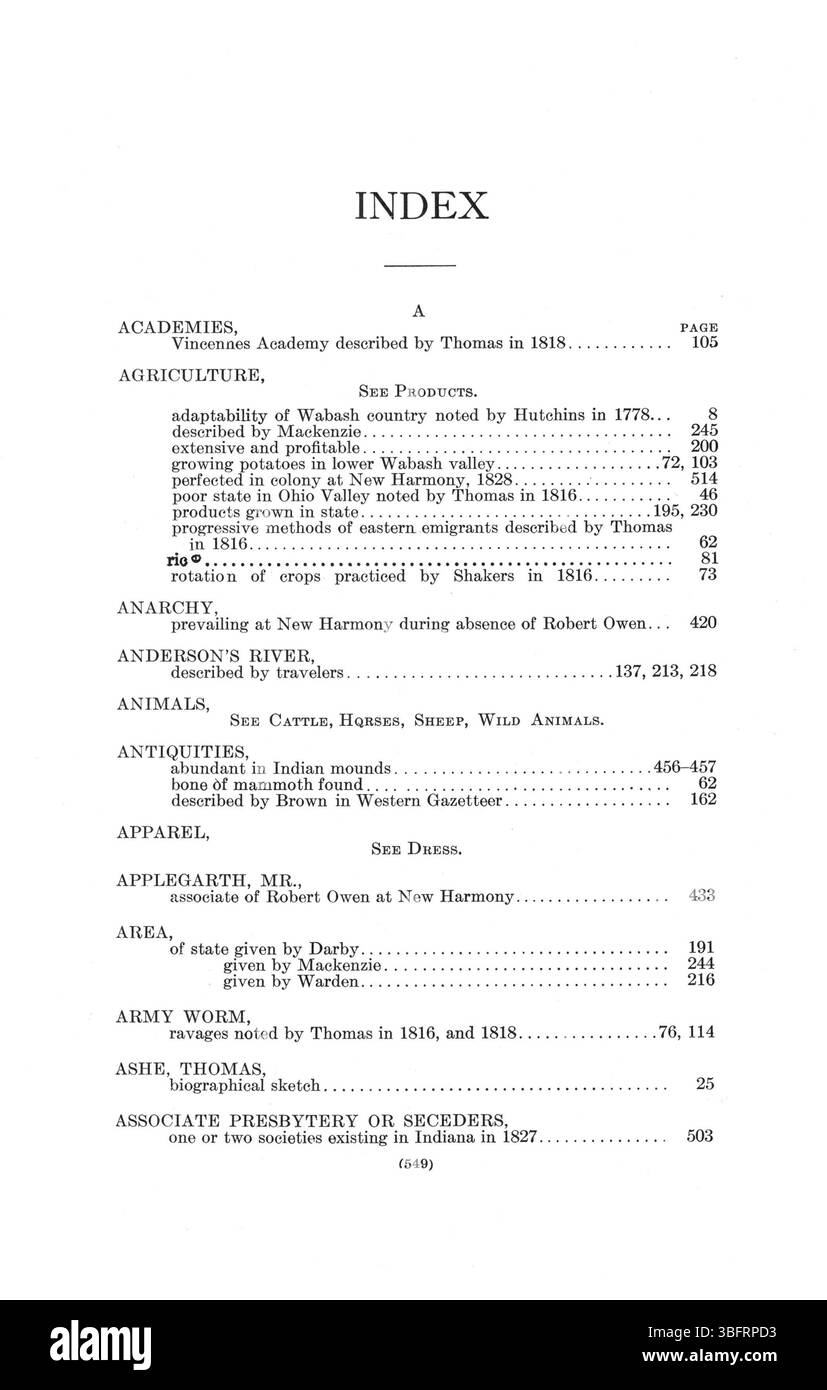 Diese 1916 erschienene Publikation erforscht Indiana durch die Augen früherer Reisender, darunter Schriften von Thomas Hutchins, George Imlay und C.F. Volney. Die Kompilation enthält auch Werke von John Melish und Jervasse Cutler, die verschiedene Perspektiven auf Indianas Geographie und Klima hinzufügen. Der Band zeigt wichtige frühe Aufzeichnungen über Entdeckungen aus dem späten 18. Und frühen 19. Jahrhundert. Stockfoto