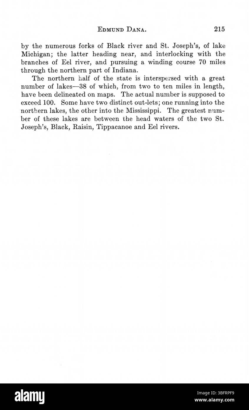 Diese Seite von „Indiana as Seen by Early Travelers“ (1916) enthält Texte von bemerkenswerten Entdeckern, darunter Hutchins’ 1778 Beschreibung von Virginia und Thomas’ 1816 Reise durch das westliche Land. Diese Berichte geben einen historischen Blick auf die Landschaft und Siedlungen in Indiana im 18. Und frühen 19. Jahrhundert. Stockfoto