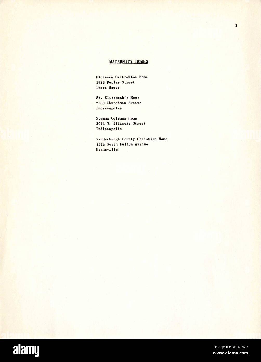 Seite 4 des Verzeichnisses der Kinderbetreuungseinrichtungen von 1949, in dem Einrichtungen in Indiana aufgeführt sind, die Kinderfürsorgedienste anbieten. Das Verzeichnis wurde von der Children’s Division, Indiana Department of Public Welfare, zusammengestellt. Stockfoto