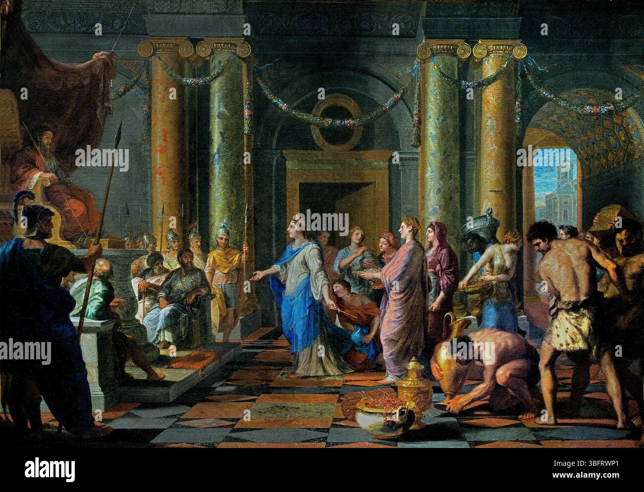 Salomon empfängt die Königin von Saba 1650 von Jacques Stella 1596-1657, Frankreich, Französisch, Paris, Louvre, die Königin von Saba war eine historische oder legendäre Figur, die für ihren Besuch bei König Salomo und ihren Reichtum und ihre Weisheit bekannt war. Die genaue Lage ihres Königreichs und die genauen Details ihres Lebens sind unklar, aber sie wird in der Bibel, im Koran und in Äthiopien erwähnt. Stockfoto