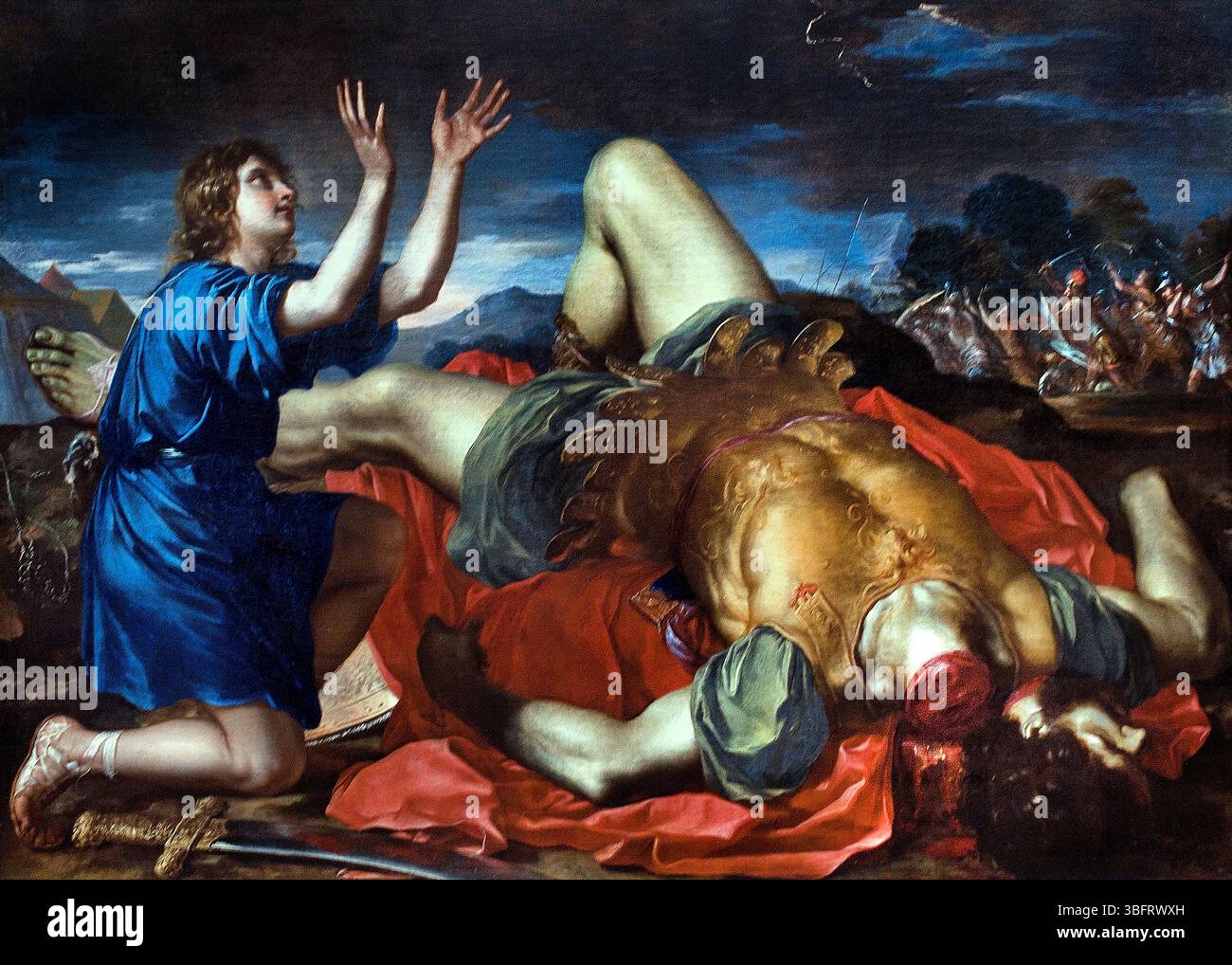 David dankt Gott nach dem Tod von Goliath, 17. Jahrhundert Italien, Italienisch, Paris, Louvre, David, Hebräische Bibel, der dritte König des Vereinigten Königreichs Israel, Bücher Samuel, wird als junger Hirte und Harfenist beschrieben, der durch das Töten von Goliath, einem Champion der Philister, in Südkanaan, berühmt wird. David wird zum Liebling Sauls, des ersten Königs von Israel, Stockfoto