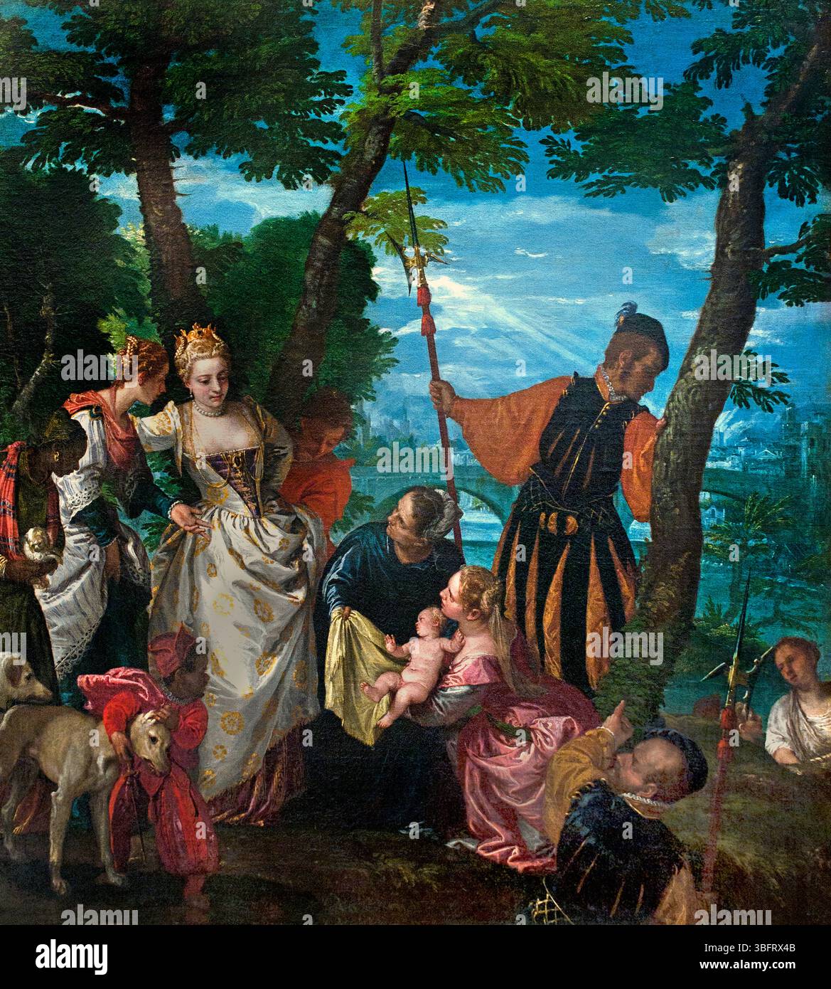 Moses aus dem Wasser gerettet 1570 von Veronese ( Paolo Caliari ) 1528-1588 Italien ItalianParis, Louvre, ( die biblische Geschichte von Moses, der aus dem Wasser gerettet wurde, findet sich in 2. Mose 2,1-10. Die Erzählung beschreibt, wie Moses' Mutter ihn in einem Korb zwischen dem Schilf des Nils versteckt, weil er um sein Leben fürchtete, weil der Pharao alle neugeborenen hebräischen Männer tötete. Pharaos Tochter entdeckt den Korb und nimmt Moses auf und erzieht ihn schließlich zu ihrem eigenen Sohn. Die Geschichte hebt auch die Rolle von Moses' Schwester Miriam hervor, die über ihn wacht und später der Tochter des Pharaos vorschlägt. Stockfoto