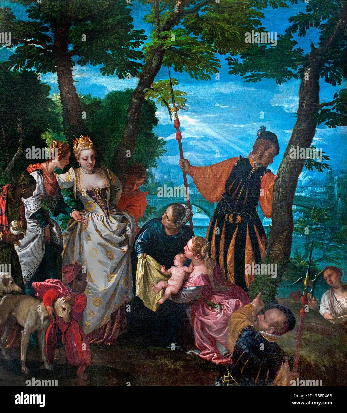 Moses aus dem Wasser gerettet 1570 von Veronese ( Paolo Caliari ) 1528-1588 Italien ItalianParis, Louvre, ( die biblische Geschichte von Moses, der aus dem Wasser gerettet wurde, findet sich in 2. Mose 2,1-10. Die Erzählung beschreibt, wie Moses' Mutter ihn in einem Korb zwischen dem Schilf des Nils versteckt, weil er um sein Leben fürchtete, weil der Pharao alle neugeborenen hebräischen Männer tötete. Pharaos Tochter entdeckt den Korb und nimmt Moses auf und erzieht ihn schließlich zu ihrem eigenen Sohn. Die Geschichte hebt auch die Rolle von Moses' Schwester Miriam hervor, die über ihn wacht und später der Tochter des Pharaos vorschlägt. Stockfoto