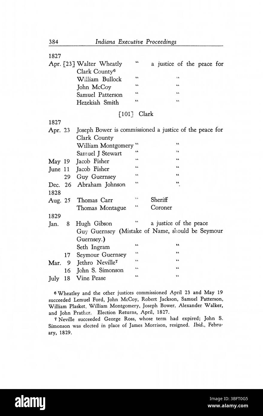 Diese Seite aus dem Executive Procedures of the State of Indiana (1816–1836) zeigt politische und gesetzgeberische Maßnahmen der Regierung Indianas in ihren frühen Jahren der Staatlichkeit auf. Stockfoto