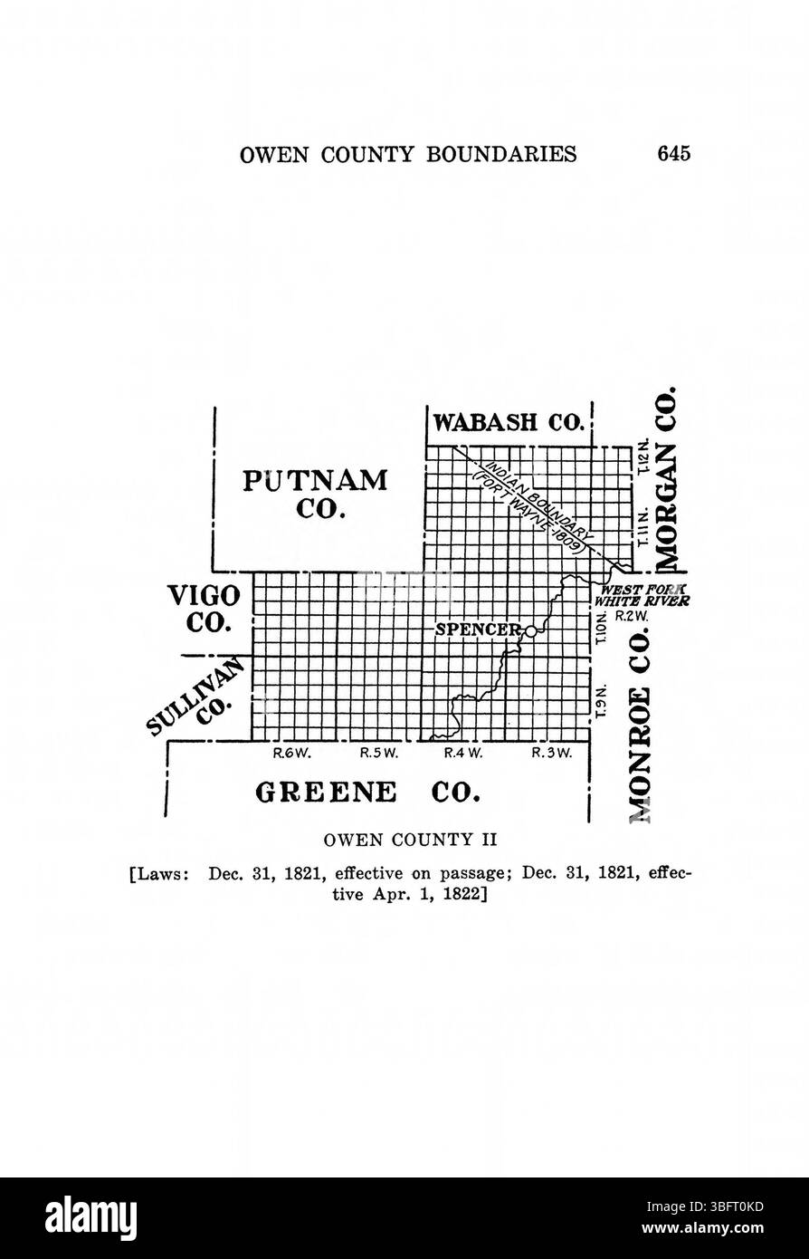 Seite 661 von *Indiana Boundaries* (1967) beschreibt die historischen Grenzen Indianas und beschreibt die Veränderungen und wichtigsten geografischen Veränderungen. Diese Ausgabe wurde vom Indiana Historical Bureau neu gedruckt und enthält bibliographische Referenzen und einen Index. Stockfoto