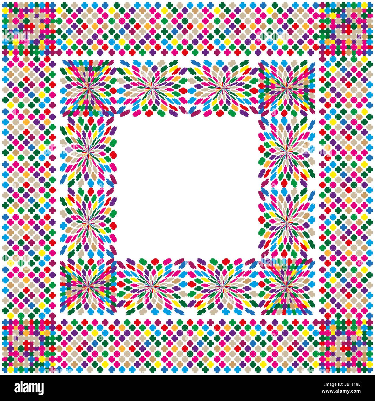 Farbenfroher quadratischer Rahmen. Mehrfarbiger Randvektor. Gemusterte Form. Geometrische Symmetrie. Stock Vektor