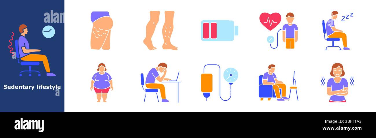 Sedary Lifestyle Set Symbol. Bürostuhl, Uhr, Krampfadern, Fettleibigkeit, Beinschmerzen, Müdigkeit, Blutdruck, Stress, Energiearmut, Schläfrigkeit, schlechte bestellung Stock Vektor