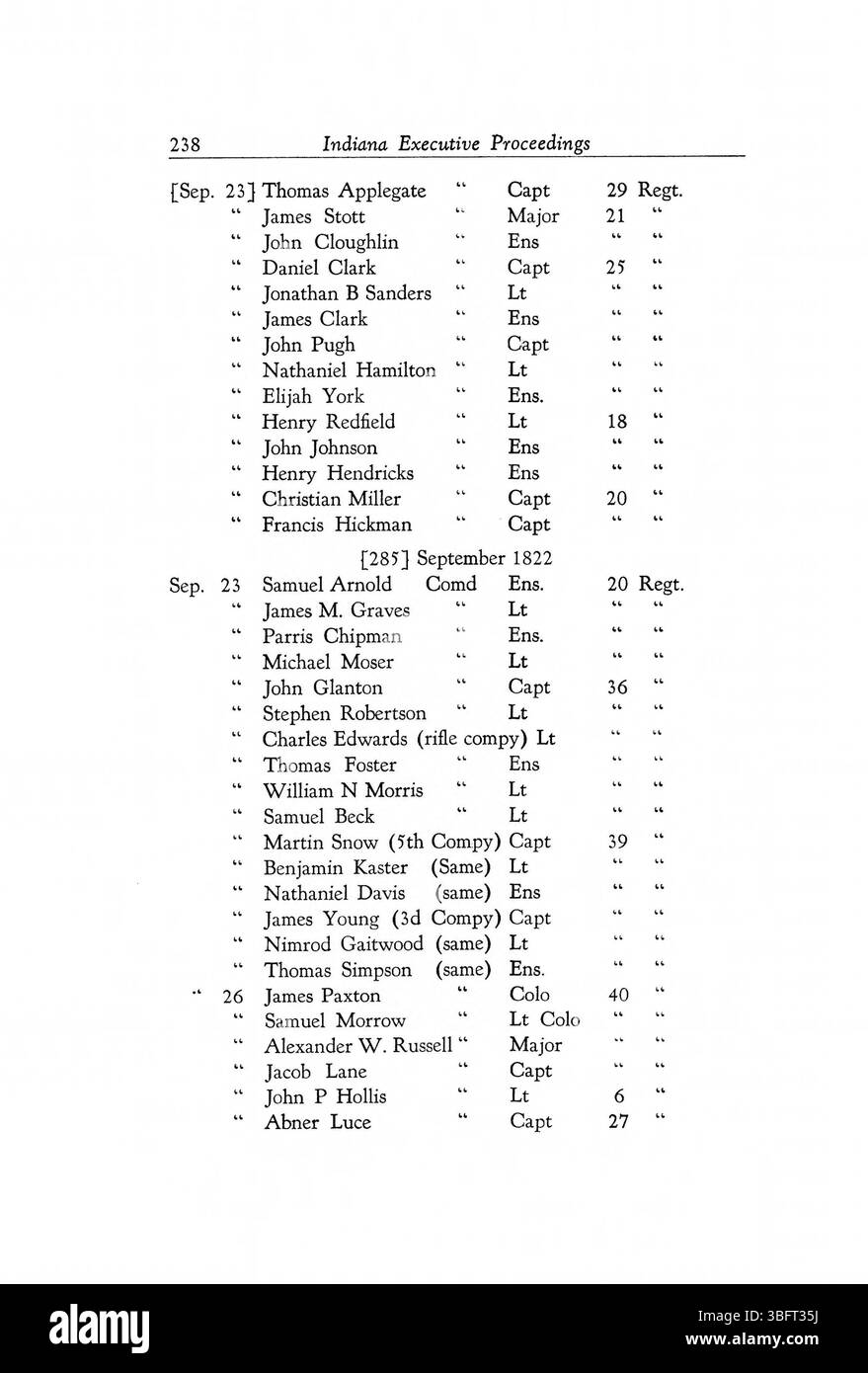 Aufzeichnungen von Indianas Exekutivbüro zwischen 1816 und 1836, in denen administrative Maßnahmen, politische Ernennungen und rechtliche Hinweise erwähnt wurden. Stockfoto