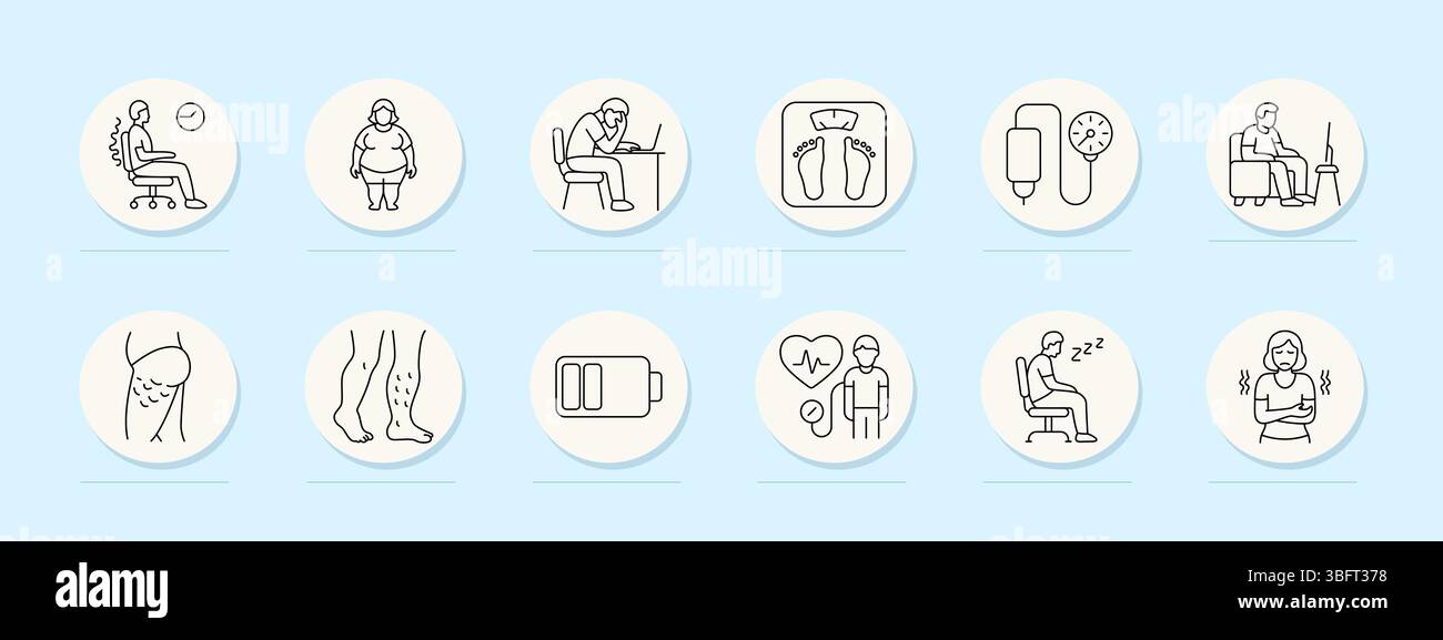 Sedary Lifestyle Set Symbol. Schlechte Körperhaltung, Fettleibigkeit, Müdigkeit am Arbeitsplatz, Schuppen, Bluttropfen, Bildschirmbeobachtung, Cellulite, Beinprobleme, niedrige Ladung, Herz Stock Vektor