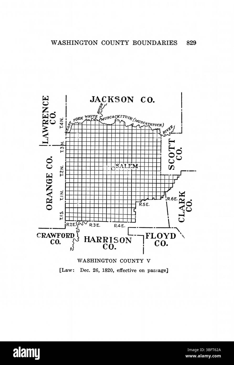 Seite 845 von *Indiana Boundaries* (1967) bietet weitere Einblicke in die geografischen und politischen Faktoren, die Indianas Grenzen beeinflussen. Detaillierte Karten und historische Daten veranschaulichen die Entwicklung der Staatsgrenzen und zeigen Veränderungen im Zeitverlauf. Stockfoto