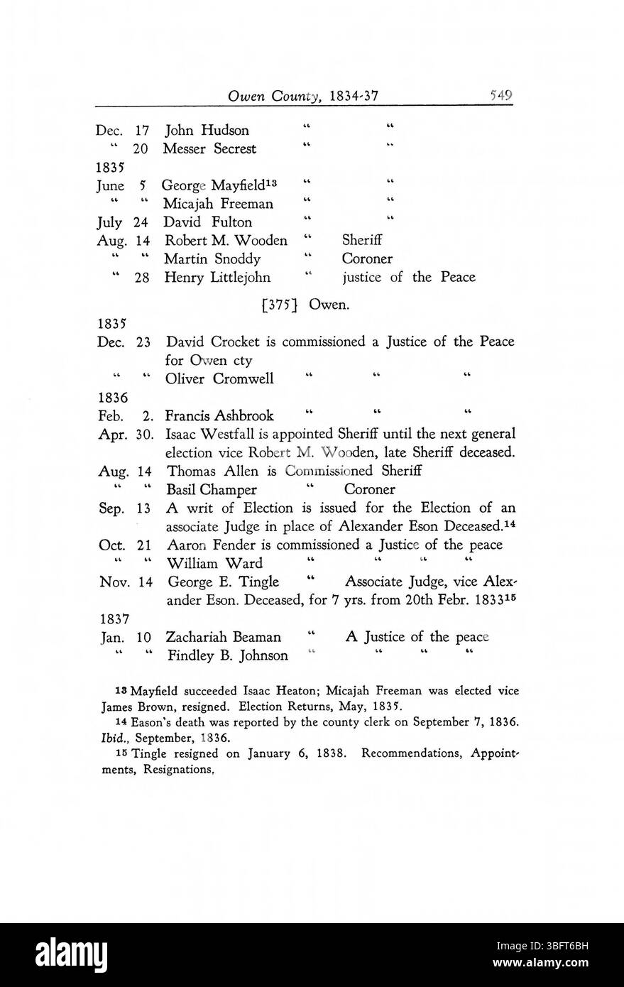 Seite 561 enthält Berichte über Entscheidungen und Verwaltungsfunktionen innerhalb der Regierung von Indiana. Stockfoto