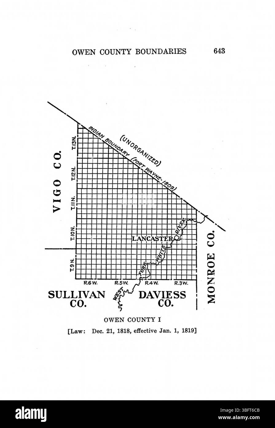 Seite 659 von *Indiana Boundaries* (1967) befasst sich mit der Abgrenzung der Grenzen Indianas über die Zeit und liefert historische Kontexte und geografische Daten für die Grenzen des Bundesstaates. Stockfoto