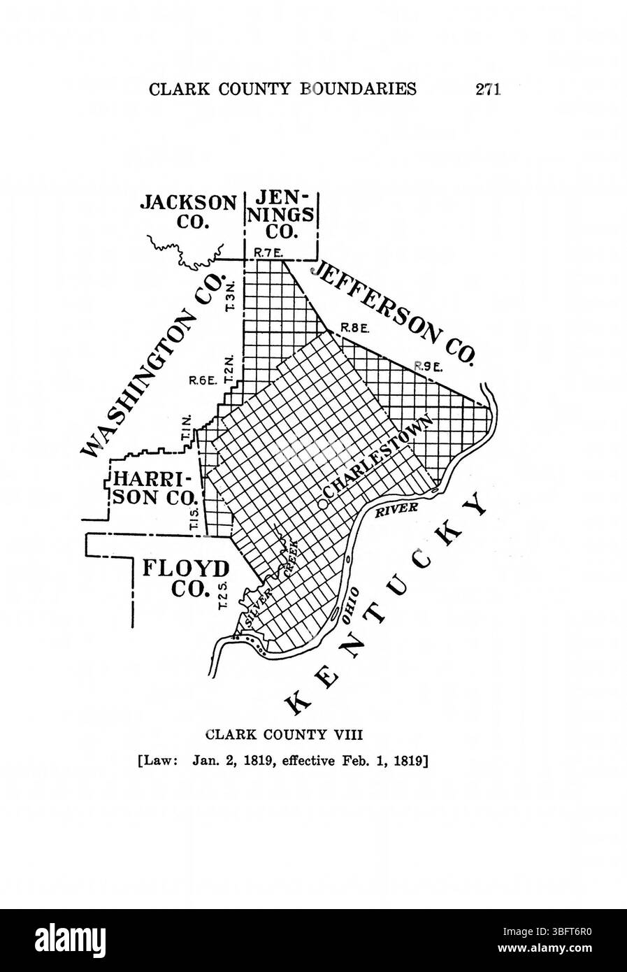 Diese Seite von *Indiana Boundaries* (1967), die vom Indiana Historical Bureau neu gedruckt wurde, enthält detaillierte kartographische Daten zu Indianas Grenzen, sowie bibliographische Referenzen und einen Index für weitere Studien. Stockfoto