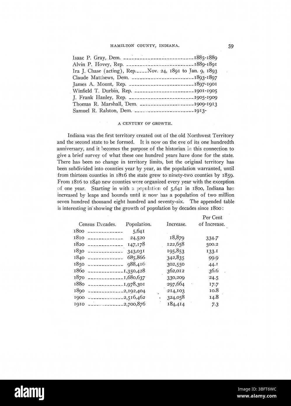 Seite 49 der 1915 erschienenen Geschichte des Hamilton County umfasst die frühe Entwicklung und enthält biografische Einträge von Bewohnern des County. Stockfoto