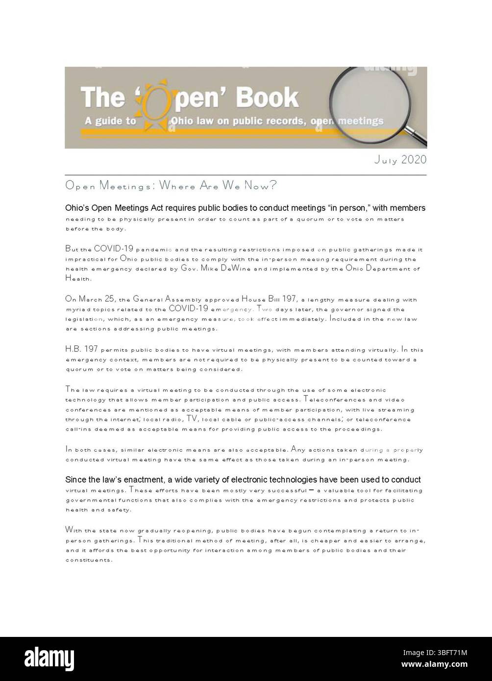 Das „Open“ Book ist eine vierteljährliche Publikation, die Hinweise zu Ohios öffentlichen Aufzeichnungen und Gesetzen für offene Sitzungen bietet. Sie betont die Bedeutung der Transparenz der Regierung und liefert praktische Informationen zur Einhaltung der Gesetze für den Zugang zu öffentlichen Stellen in den Staaten und Gemeinden. Stockfoto