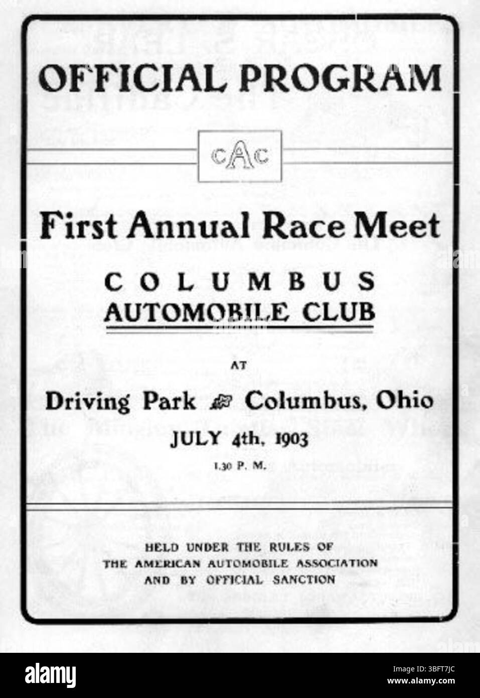 Das erste AAA Auto Race in Columbus fand 1903 statt und war ein wichtiges Ereignis in der frühen Automobilgeschichte der Stadt. Das Rennen war ein Meilenstein für den Motorsport in der Region und zeigte die zunehmende Beliebtheit von Automobilen im frühen 20. Jahrhundert. Stockfoto