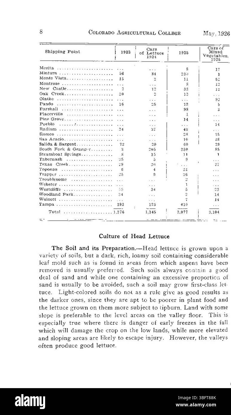 In diesem Text werden die Anbautechniken für Salat, Blumenkohl und Erbsen in großen Höhen erläutert, wobei der Schwerpunkt auf den im Mai 1926 vorherrschenden Bedingungen liegt. Stockfoto