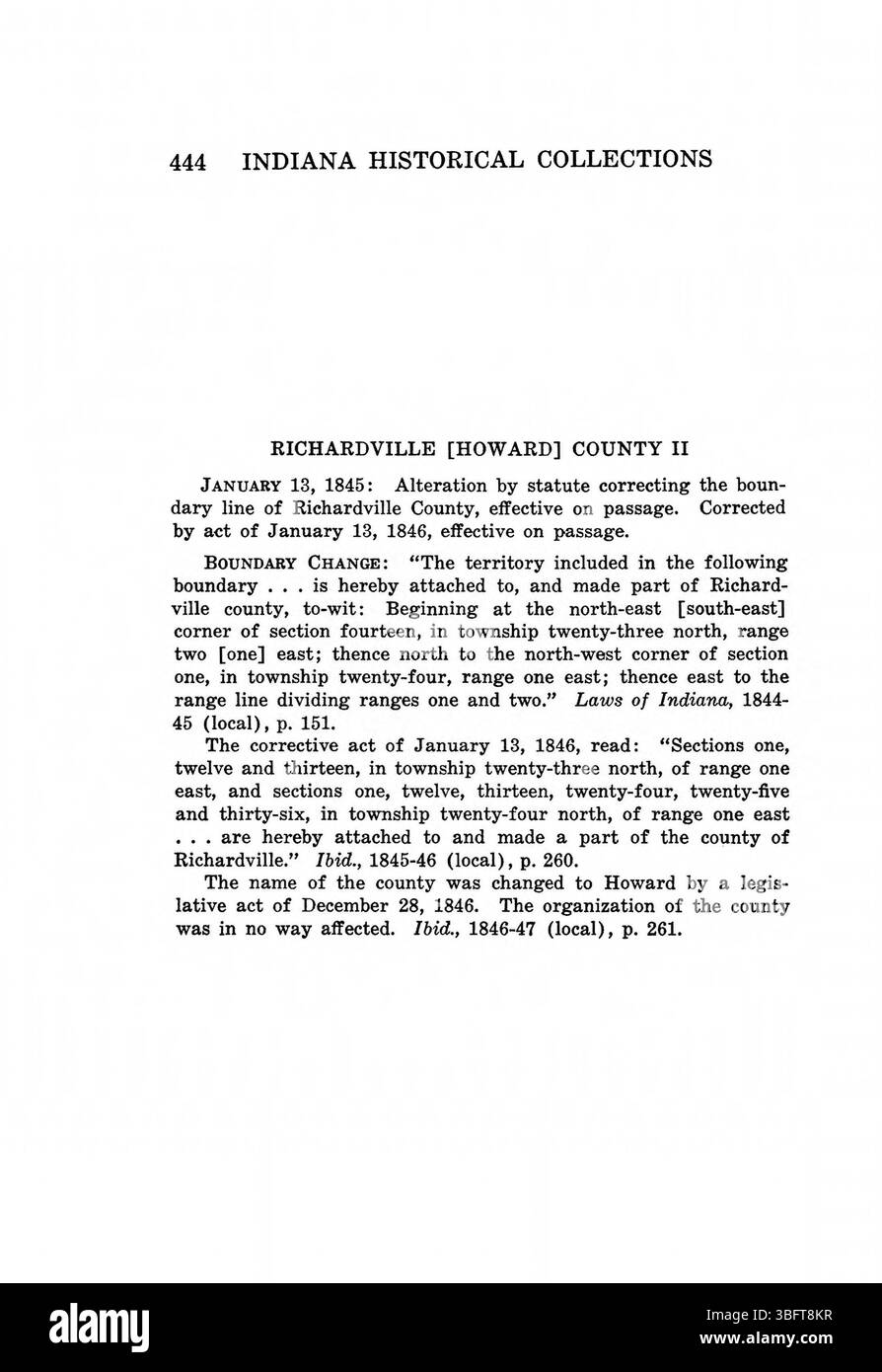 Diese Seite aus Indiana Boundaries, die 1967 vom Indiana Historical Bureau neu gedruckt wurde, bietet eine detaillierte Untersuchung der geografischen Grenzen des Bundesstaates. Sie enthält historische Daten, Referenzen und einen Index für eine einfache Navigation. Das Buch ist eine wichtige Ressource, um die Entwicklung der Grenzen Indianas zu verstehen. Stockfoto