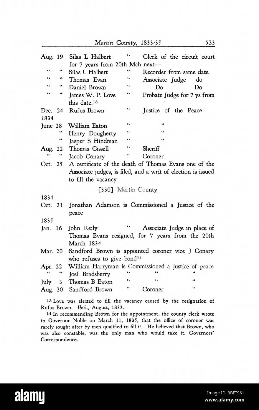Seite 535 der 1947 erschienenen „Executive Procedures of the State of Indiana, 1816-1836“ beschreibt die wichtigsten exekutiven und legislativen Maßnahmen in Indianas früherer Regierung und beschreibt historische Entscheidungen und Verwaltungsprozesse, die die Entwicklung des Staates geprägt haben. Stockfoto