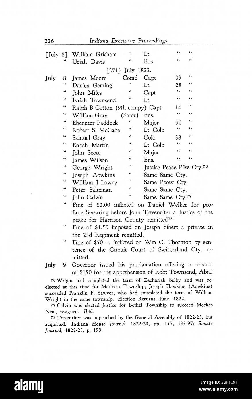 Auf Seite 238 werden die Funktionen der Exekutive dokumentiert, einschließlich Mandate, Ernennungen des Staates und Gouverneursentscheidungen von 1816 bis 1836. Stockfoto